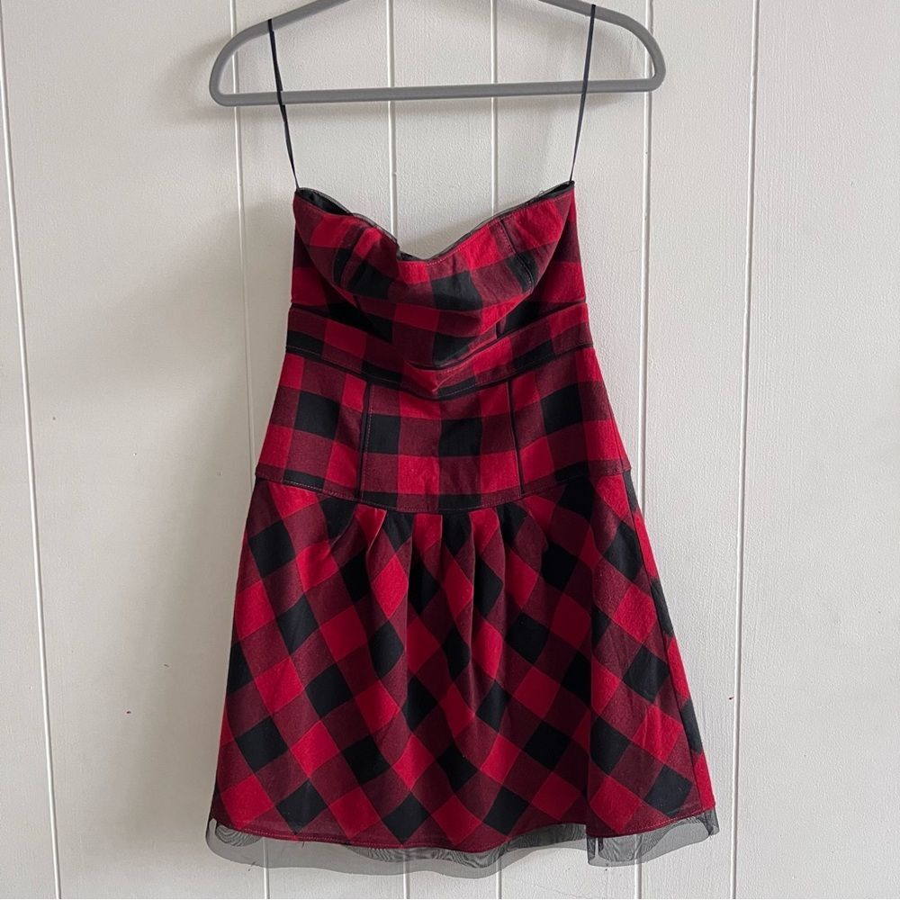 America Eagle red plaid strapless dress size 2